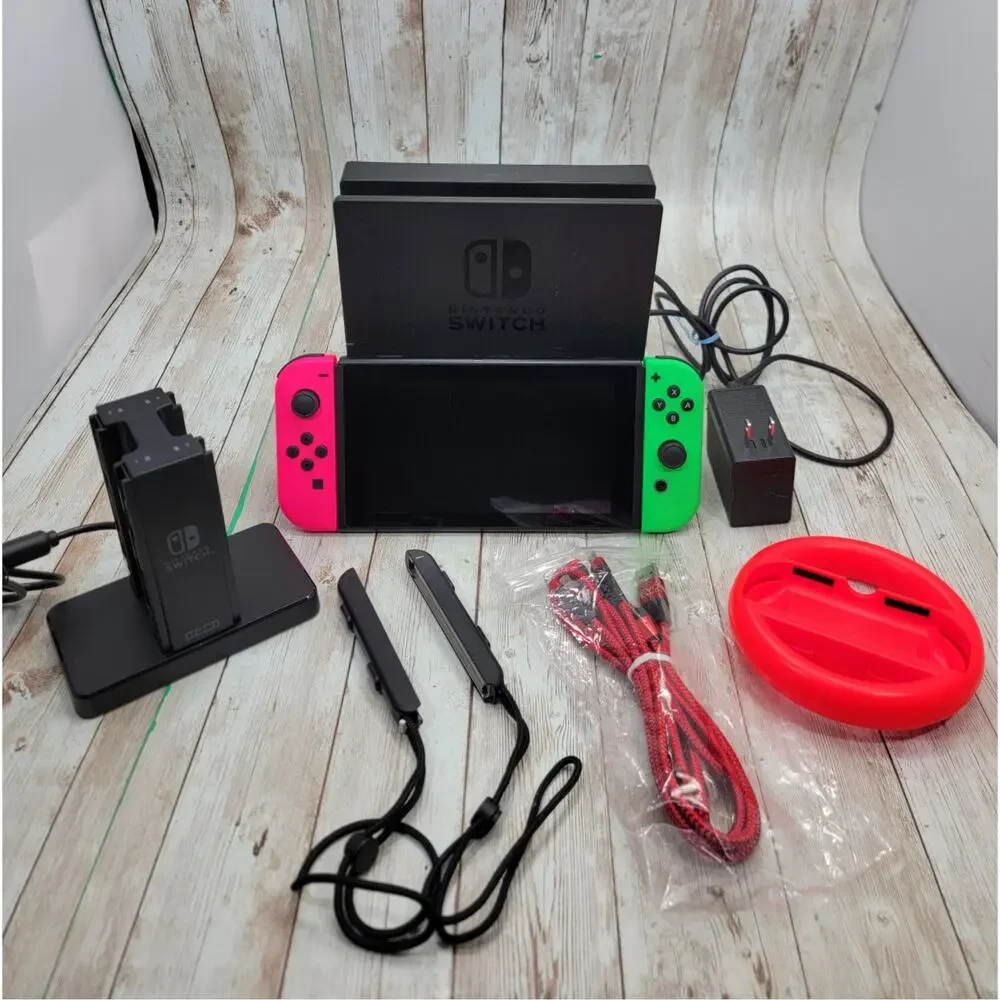 Nintendo Switch Console Tablet w/ Joycon Pink Green Dock Controller Charger